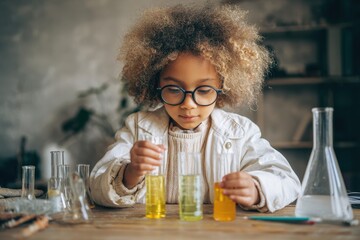 Young African American girl student conducting a chemistry experiment in class