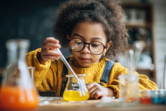 Young African American girl student conducting a chemistry experiment in class