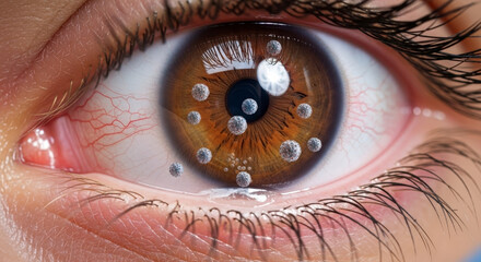 Eye Iris Close Up With Tiny Spheres Reflected In The Pupil
