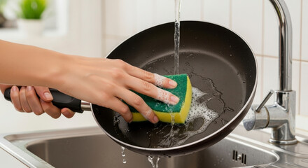 Hand washing a frying pan with a sponge and soapy water in a kitchen sink