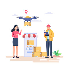 A flat character illustration of drone delivery