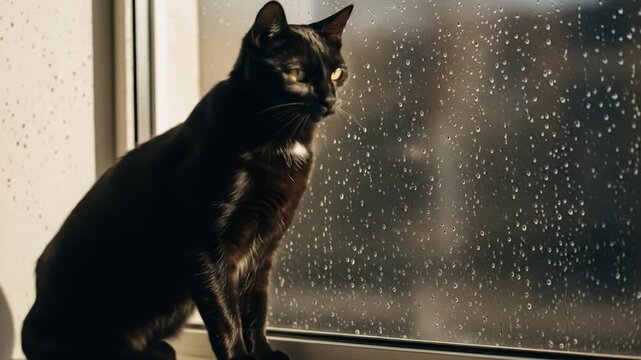 Black cat look at rain wet window pane