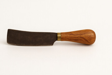 Traditional kitchen knife with wooden handle isolated on white background – rustic culinary utensil.