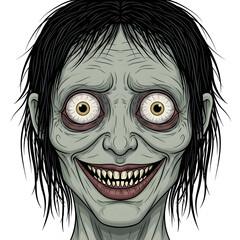 Creepy Smiling Face with Wild Eyes and Black Hair Illustration