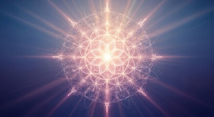A radiant, ethereal, geometric pattern of light and energy against a gradient blue and purple background.