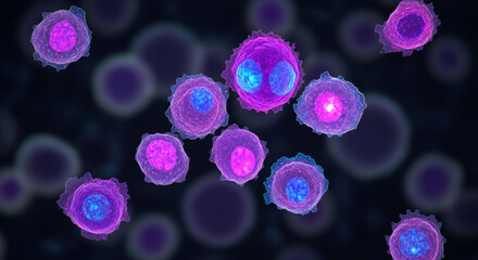 Microscopic View of Circulating Blood Cells Showing Unique Cellular Structures and Nuclei