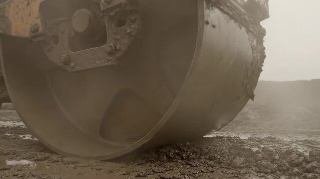 Heavy construction roller compacting dirt and creating dust cloud