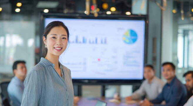 Young Asian entrepreneur showcasing data dashboard on screen during a modern meeting with colleagues