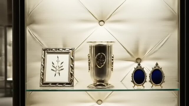 Elegant display of silverware and framed art in a luxurious gallery setting with soft lighting