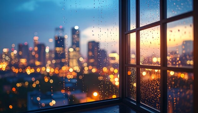 Rainy window view of a city skyline at dusk with blurred bokeh lights.