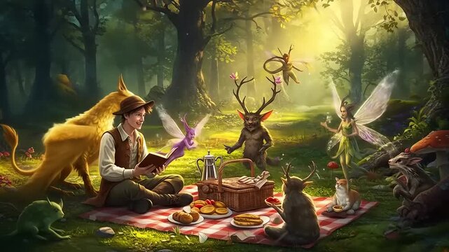 Enchanted picnic scene in a mystical forest with magical creatures and a storyteller