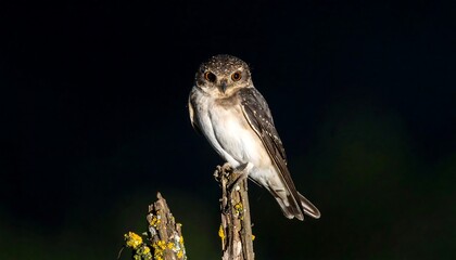 Owl perched on branch at night