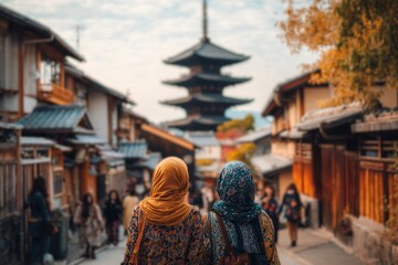 Two Asian friends of different faiths stroll through Kyoto s Yasaka Pagoda and Sannen Zaka Street a noted travel site