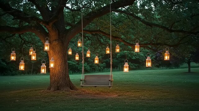 Enchanted evening scene with a swing under a tree adorned with glowing lanterns in a serene park