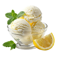Refreshing lemon ice cream with mint and fresh lemon slice