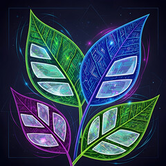Colorful Tech Leaves Glowing on Dark Background - Digital Art