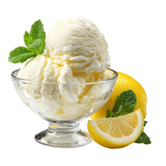 Refreshing lemon ice cream with mint and fresh lemon slice