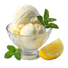 Refreshing lemon ice cream with mint and fresh lemon slice