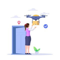 Drone delivery, smart logistics concept. Delivery drone hovers and drops package to a businesswoman on the ground.