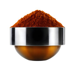 Pile of red powder in metallic bowl isolated on transparent background