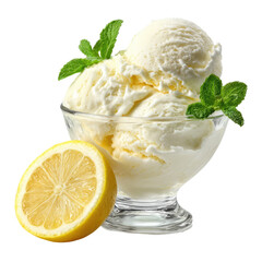 Refreshing lemon ice cream with mint and fresh lemon slice