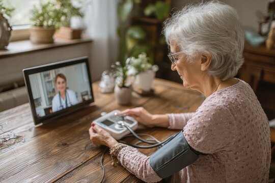 Remote healthcare senior woman consulting her doctor online while monitoring her blood pressure