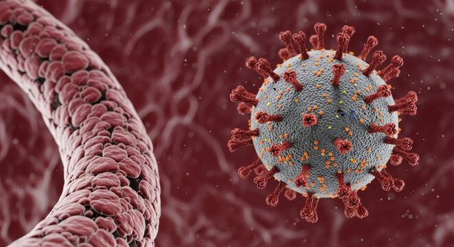 Microscopic view of coronavirus particle next to blood vessel wall showing infection spread