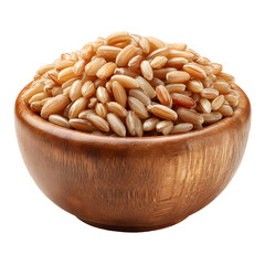 Close up of raw grain in wooden bowl on transparent background