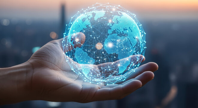 Digital Sphere Held in Human Hand Above Cityscape Represents Global Connectivity
