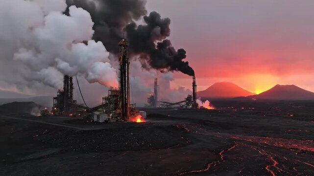 Industrial factory emitting pollution into the environment at sunset