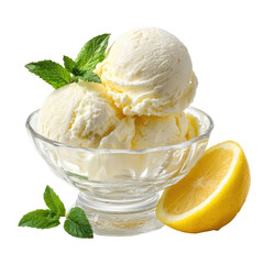 Refreshing lemon ice cream with mint and fresh lemon slice