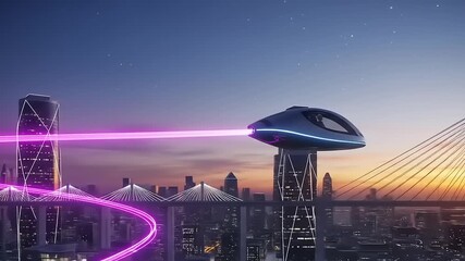 Futuristic City Transport System with High-Speed Pod and Light Trails at Dusk. - Powered by Adobe