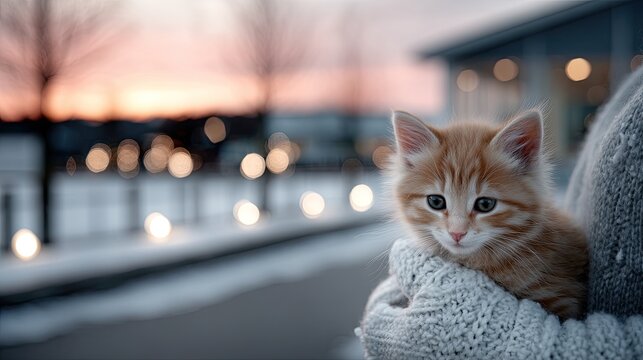 Ginger Kitten Held in Knitted Sleeves at Twilight Snowfall Soft Focus Bokeh Lights and Winter Landscape Creates a Warm Cinematic and Cozy Feel - Powered by Adobe