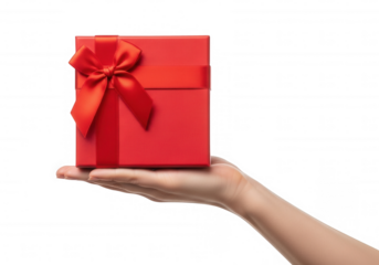 Red gift box with ribbon bow isolated on a transparent background