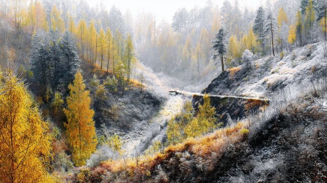 Nature's palette: a harmonious blend of fall colors and snow. Edgy editorial. Enchanting frosty veins adorning an autumn landscape. Dreamlike imagery. Abstract beauty.