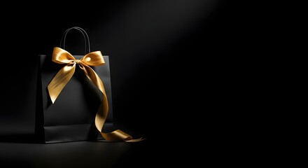 Gift of Elegance: A black gift bag adorned with a radiant golden bow, casting a sense of sophistication and allure against a deep, luxurious background.