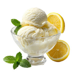 Refreshing lemon ice cream with mint and fresh lemon slice