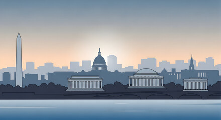 City Skyline Silhouette at Sunset with Monuments and River View