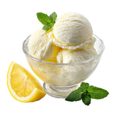 Refreshing lemon ice cream with mint and fresh lemon slice
