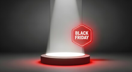 Black Friday Illuminated: A sleek, modern stage illuminated by a single spotlight, casting a dramatic glow on a glowing 'Black Friday' sign, symbolizing the allure of retail deals and promotions.