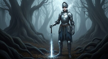 Fototapeta premium A knight in armor standing in a mystical, foggy forest with a glowing sword.