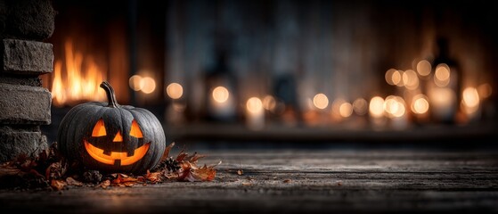 Enchanted hearth: a pumpkin's smile in the light of autumn. Studio shot. A smiling pumpkin on a rustic fireplace with fairy lights and autumn leaves. Design template. Professional photo.