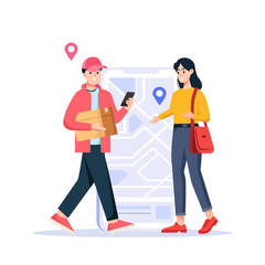 Delivery man handing a package to a woman, modern service with smartphone in background.
