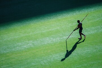 Athlete with javelin on track ready to throw casting shadow Green field behind