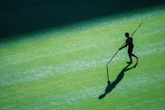 Athlete with javelin on track ready to throw casting shadow Green field behind