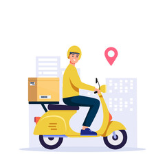 Delivery service scooter vector illustration fast shipping courier delivering package on motorcycle