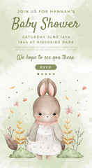 Watercolor baby shower cute animal bunny rabbit baby girl boy poster template card invitation