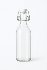 Clear glass bottle with swing top cap isolated on white background – reusable container for water or juice.