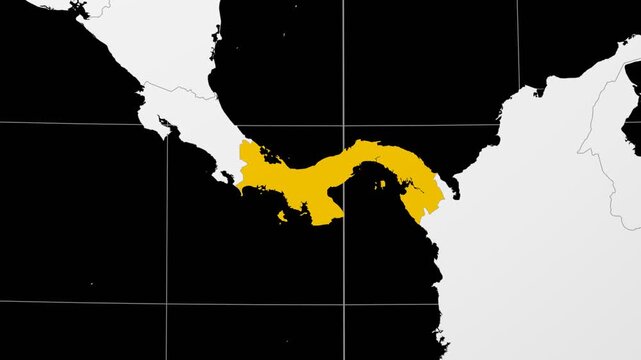 Panama map. Animated zoom into the country on the Globe in Black White color palette. Country logo animation. Map with meridians, parallels. Appealing video.