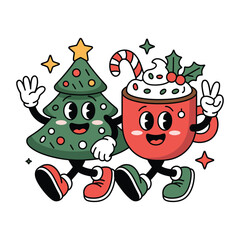 Retro Christmas Cartoon Vector, Happy Tree and Cocoa Mug Characters Illustration